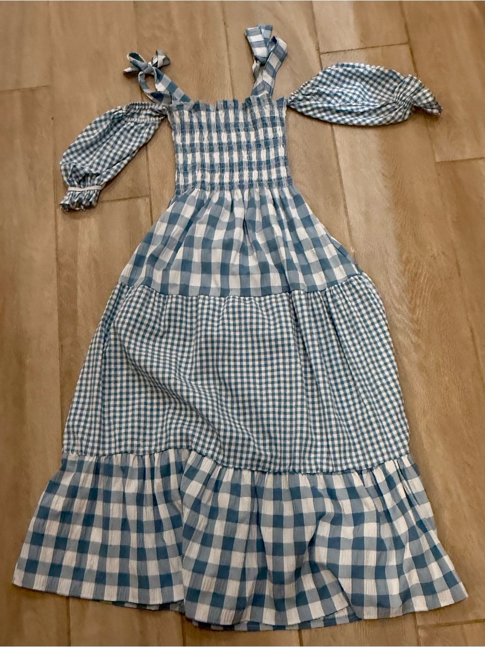 Follow Me Smocked Blue Gingham Casual Sundress with Removable Puff Sleeves